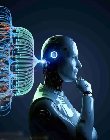Robot humanoïde connecté à un réseau neuronal numérique représentant le fonctionnement de l’intelligence artificielle et du machine learning.