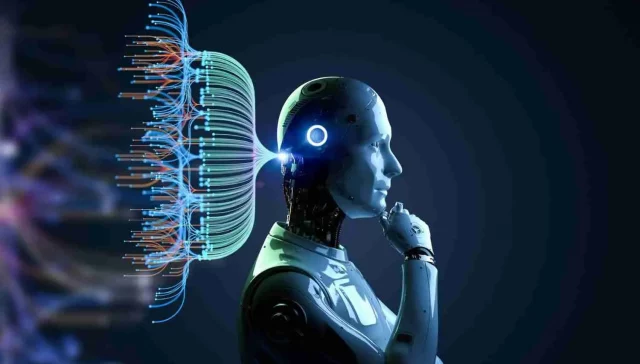 Robot humanoïde connecté à un réseau neuronal numérique représentant le fonctionnement de l’intelligence artificielle et du machine learning.