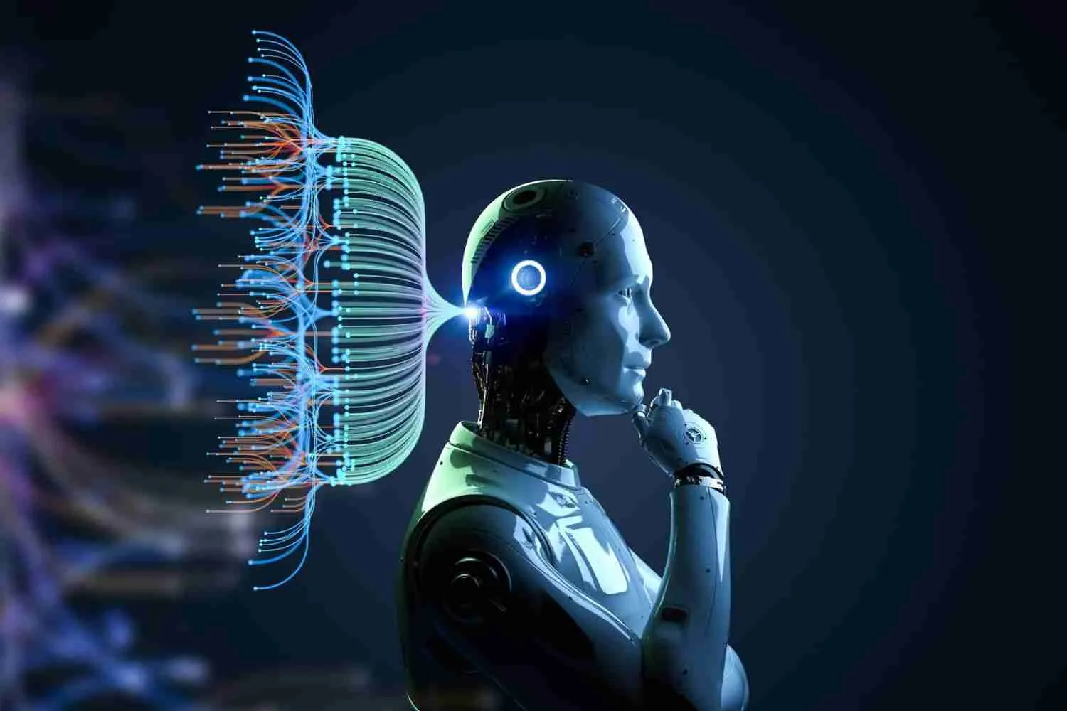 Robot humanoïde connecté à un réseau neuronal numérique représentant le fonctionnement de l’intelligence artificielle et du machine learning.