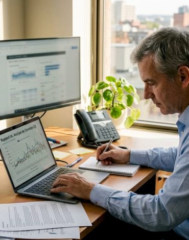 Un homme analyse un rapport d’intelligence artificielle à son bureau.