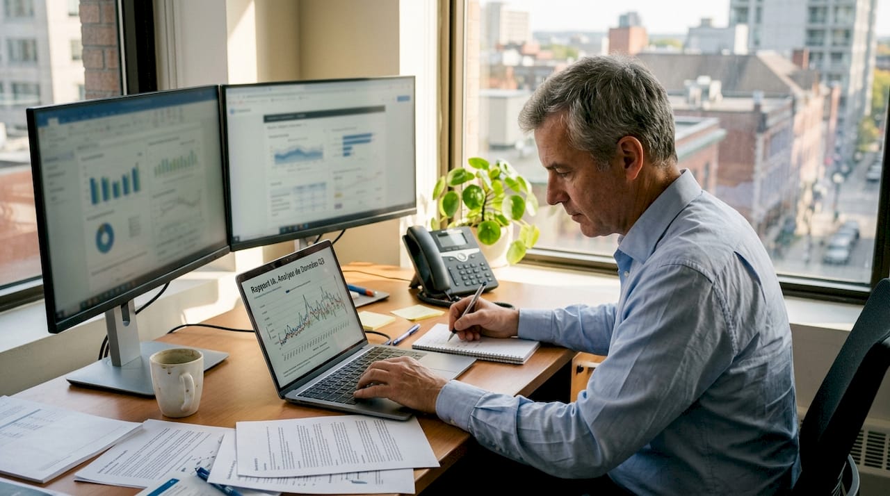 Un homme analyse un rapport d’intelligence artificielle à son bureau.