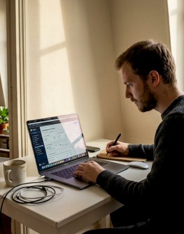 Un homme assis dans son salon programme l’automatisation de différentes tâches grâce à l’intelligence artificielle.