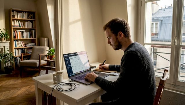 Un homme assis dans son salon programme l’automatisation de différentes tâches grâce à l’intelligence artificielle.