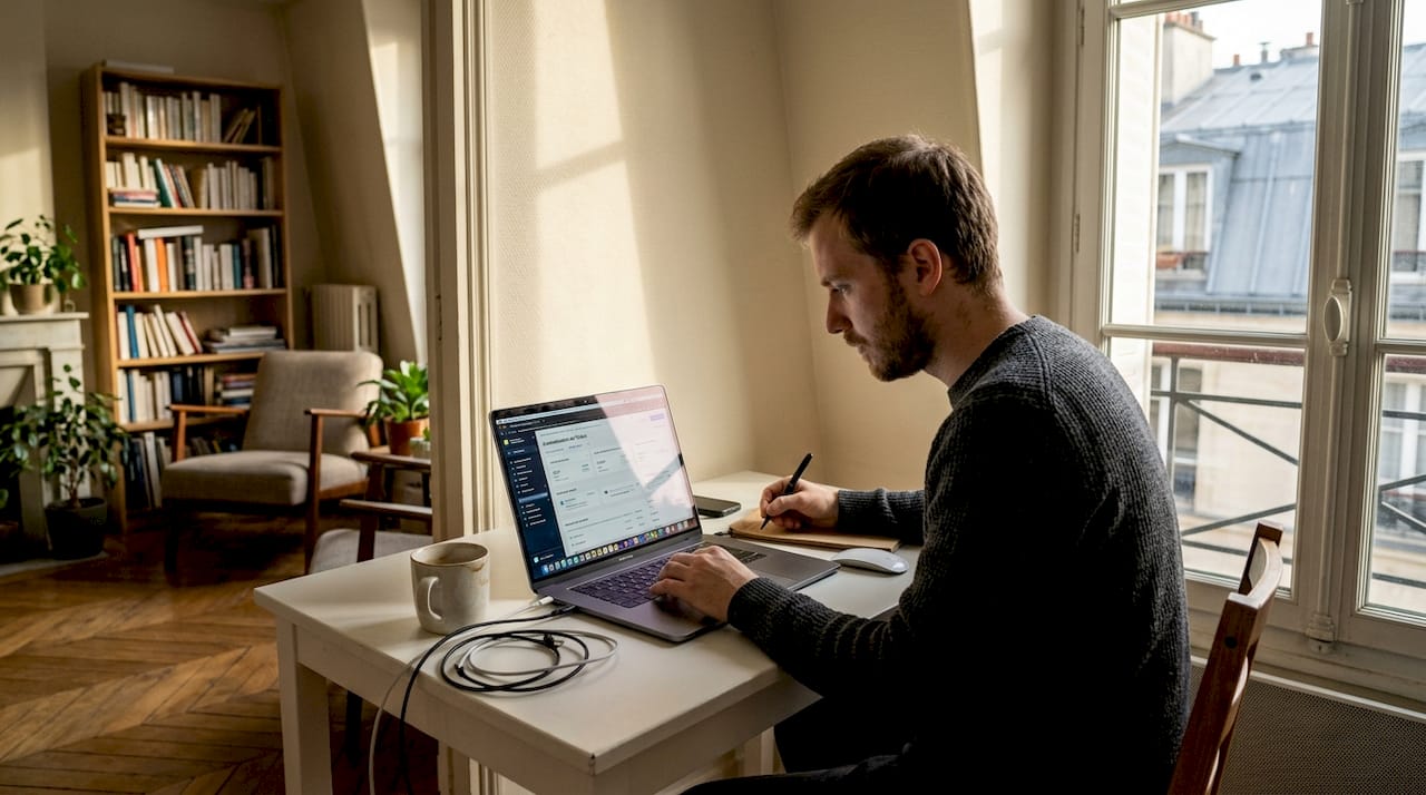 Un homme assis dans son salon programme l’automatisation de différentes tâches grâce à l’intelligence artificielle.