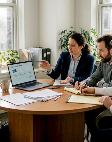 Une équipe échange autour d’une table sur les possibilités d’intégration de l’intelligence artificielle au sein de leur organisation.