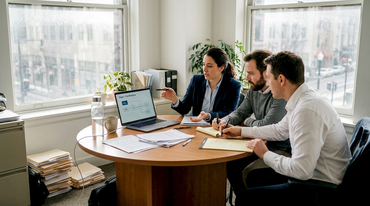 Une équipe échange autour d’une table sur les possibilités d’intégration de l’intelligence artificielle au sein de leur organisation.