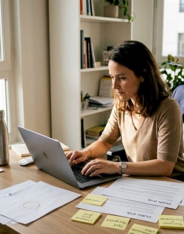 Un entrepreneur plongé dans l’exploration des outils d’intelligence artificielle, assis à son bureau.