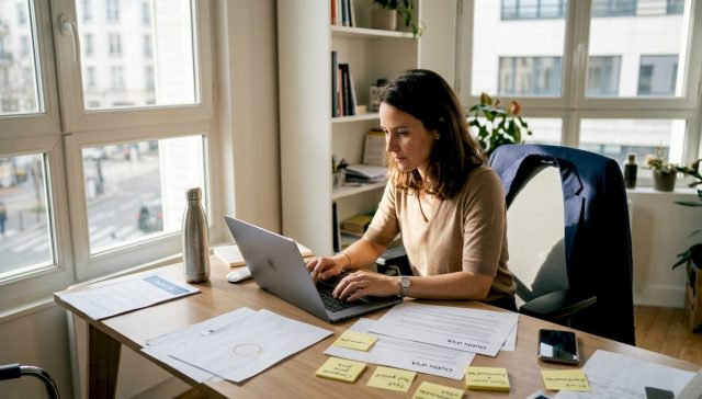 Un entrepreneur plongé dans l’exploration des outils d’intelligence artificielle, assis à son bureau.