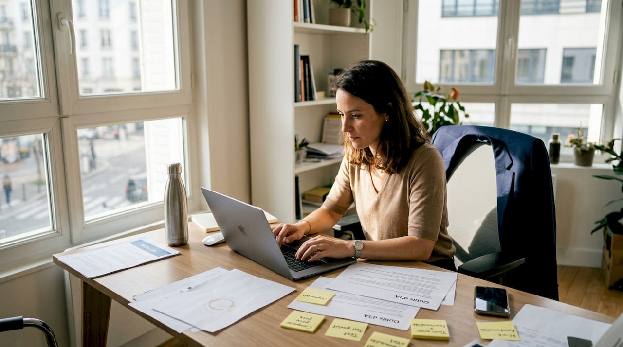 Un entrepreneur plongé dans l’exploration des outils d’intelligence artificielle, assis à son bureau.
