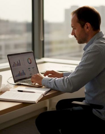 Un expert en analyse de données travaille sur son ordinateur, exploitant les dernières technologies pour interpréter et valoriser l’information.