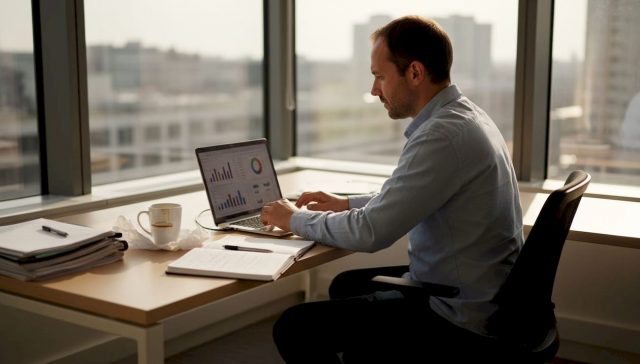 Un expert en analyse de données travaille sur son ordinateur, exploitant les dernières technologies pour interpréter et valoriser l’information.