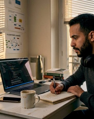 Un étudiant en intelligence artificielle concentré sur son travail devant son ordinateur