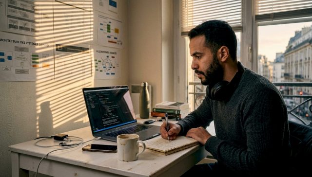 Un étudiant en intelligence artificielle concentré sur son travail devant son ordinateur