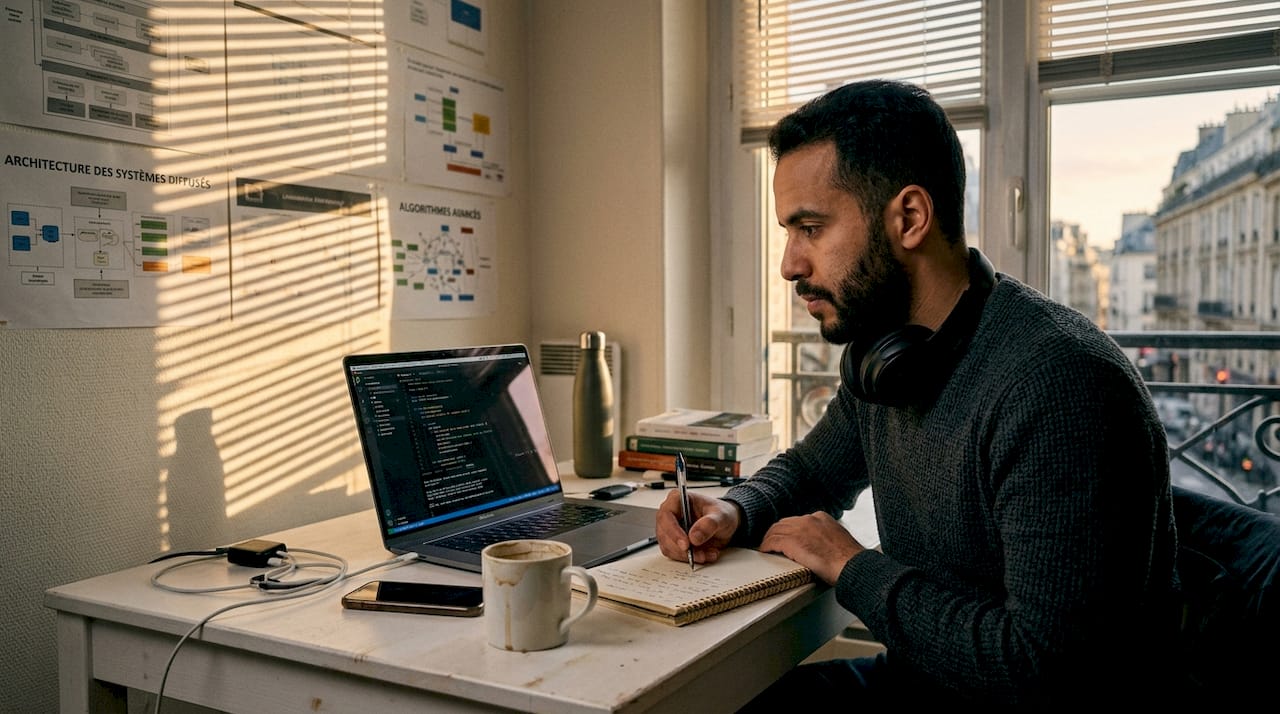 Un étudiant en intelligence artificielle concentré sur son travail devant son ordinateur