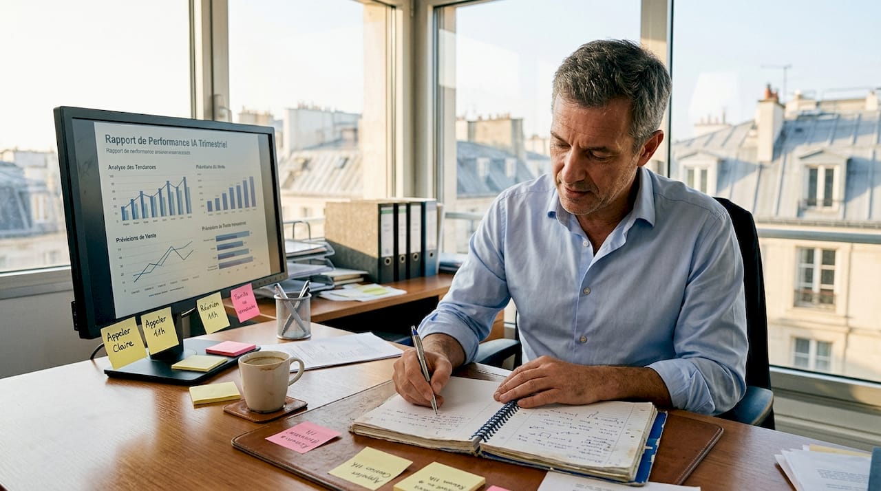 Un responsable examine un rapport généré par l’intelligence artificielle dans son bureau.