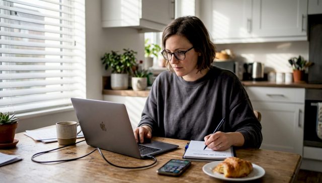 Un professionnel du marketing installé à la table de sa cuisine pour travailler à domicile.