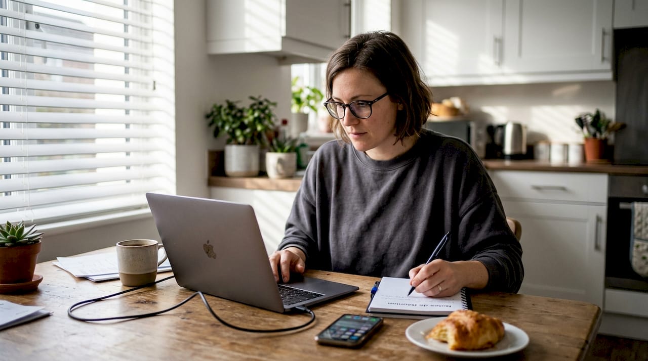 Un professionnel du marketing installé à la table de sa cuisine pour travailler à domicile.