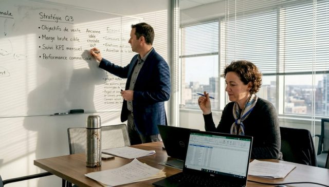 Des cadres échangent sur les enjeux de l’intelligence artificielle autour d’une table de réunion.