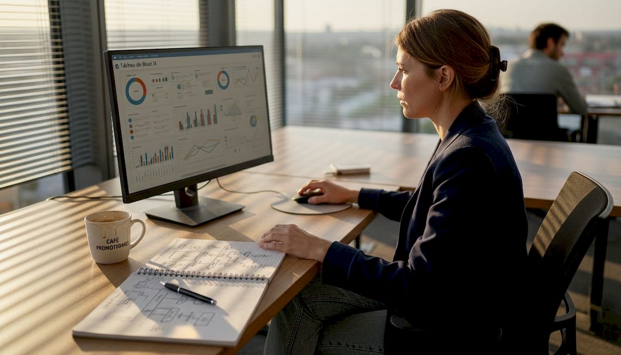 Une responsable marketing consulte les dernières données de son tableau de bord d’intelligence artificielle depuis son bureau.