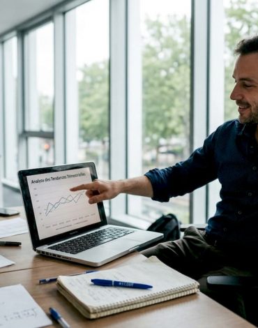 Un data analyst présente ses résultats lors d’une réunion, commentant un graphique affiché à l’écran.