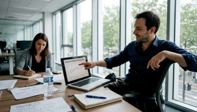 Un data analyst présente ses résultats lors d’une réunion, commentant un graphique affiché à l’écran.