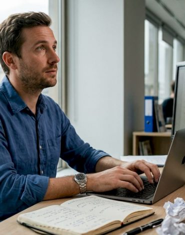 Un professionnel du marketing en pleine séance de travail sur son ordinateur portable au bureau.