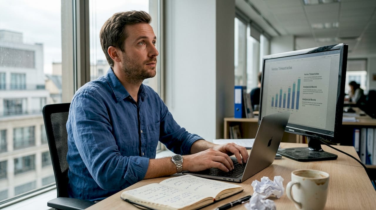 Un professionnel du marketing en pleine séance de travail sur son ordinateur portable au bureau.