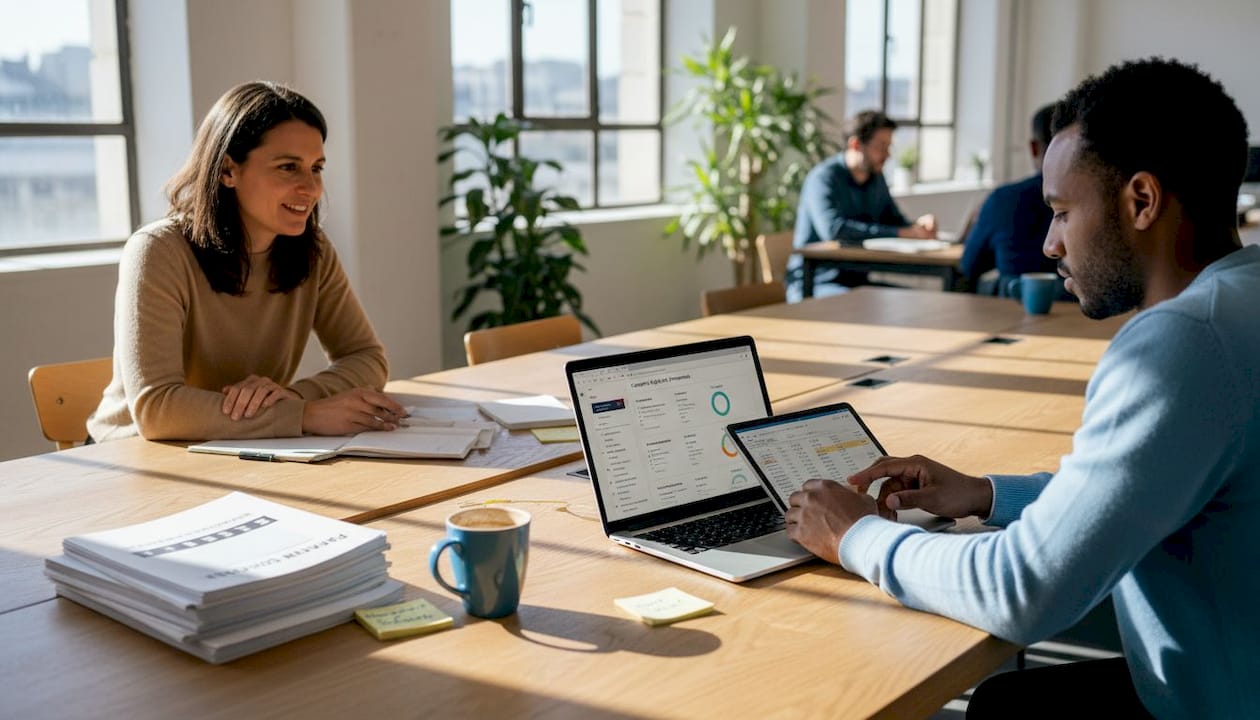 L’équipe marketing réunie autour d’une grande table dans un espace de coworking