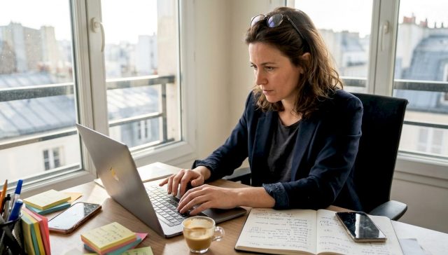 Un professionnel du marketing travaille sur son ordinateur portable pour gérer des campagnes basées sur l’intelligence artificielle.