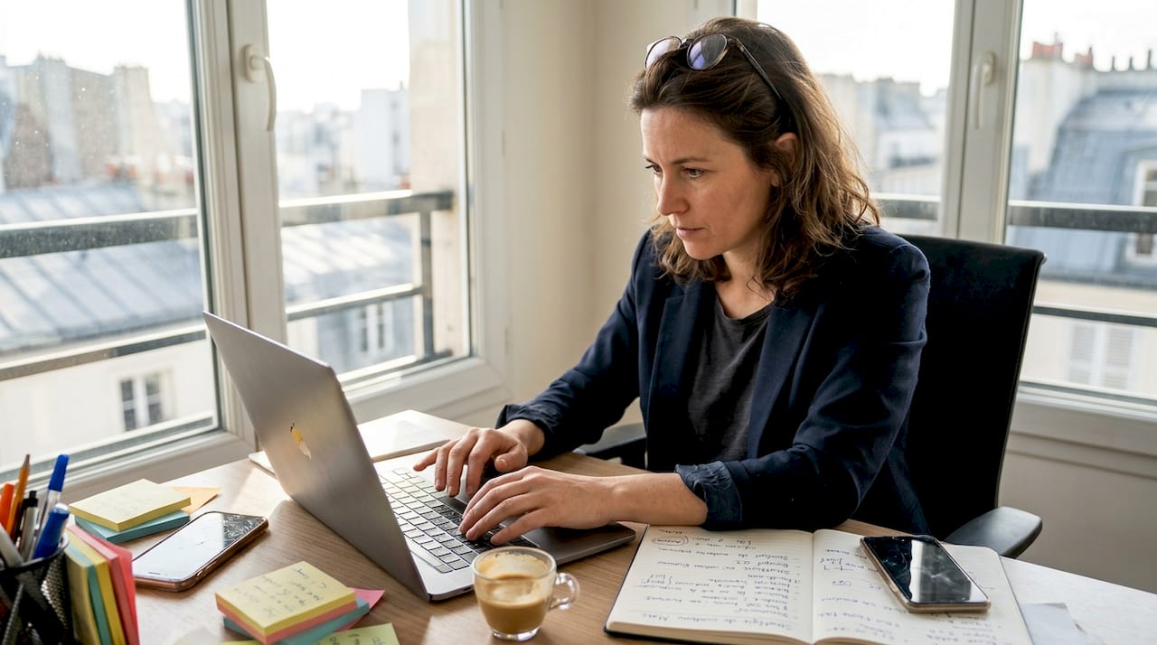 Un professionnel du marketing travaille sur son ordinateur portable pour gérer des campagnes basées sur l’intelligence artificielle.