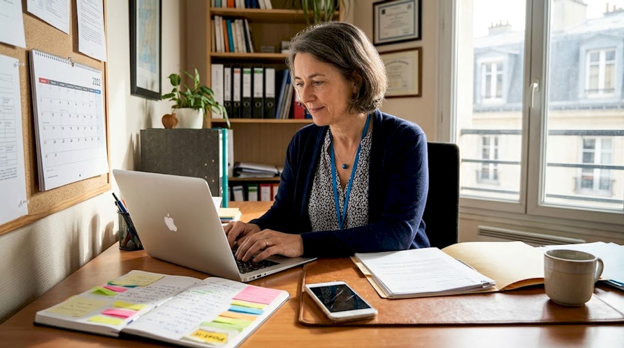 Une dirigeante de petite entreprise travaille avec sérieux devant son ordinateur, concentrée sur ses dossiers dans son bureau.