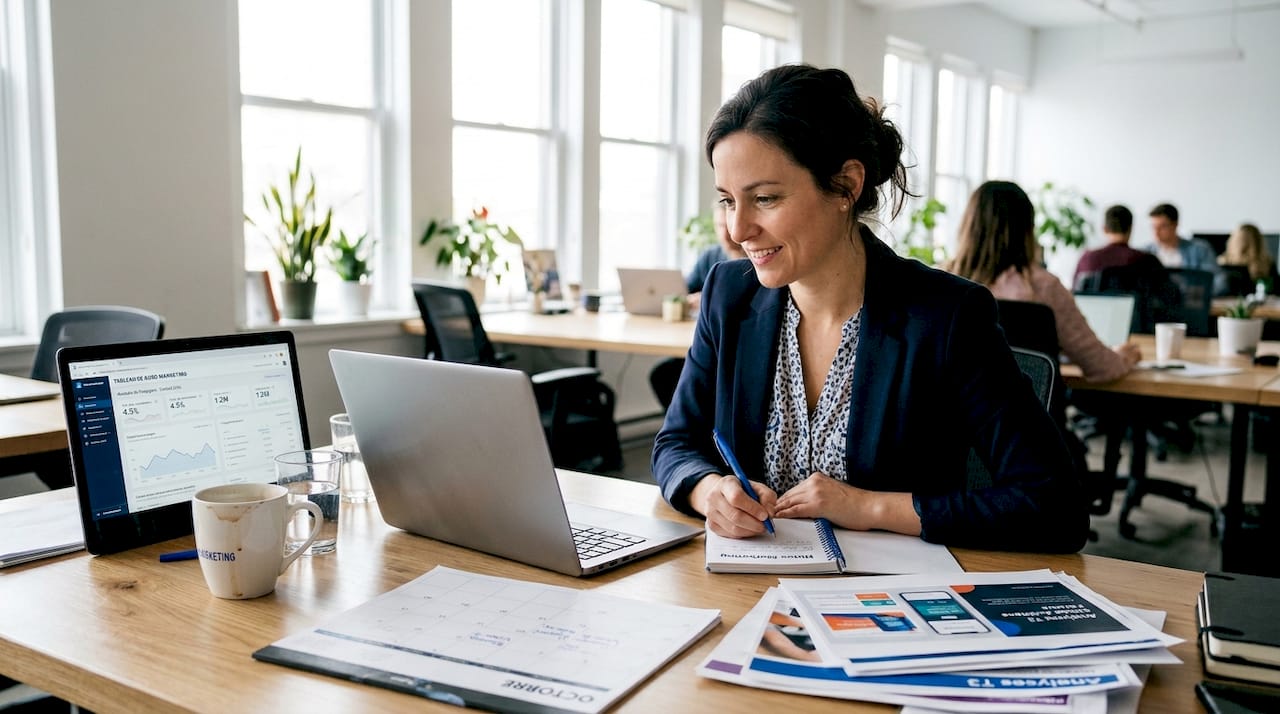 Responsable marketing en pleine utilisation d’outils d’automatisation devant son ordinateur