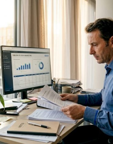Un homme consulte des ressources sur l’intégration de l’intelligence artificielle dans le marketing.