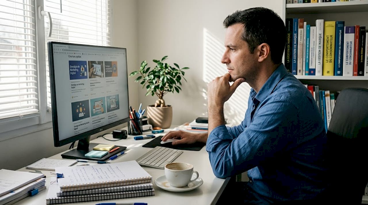 Responsable marketing en train d’évaluer des formations sur l’intelligence artificielle