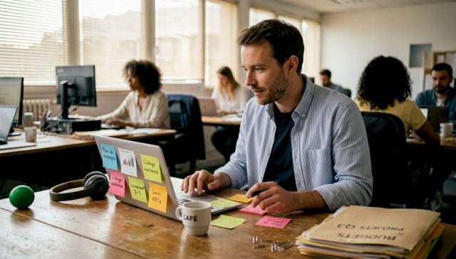 Un spécialiste du marketing qui exploite les outils d’intelligence artificielle dans un espace de travail collaboratif.