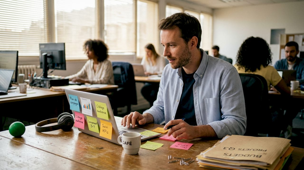 Un spécialiste du marketing qui exploite les outils d’intelligence artificielle dans un espace de travail collaboratif.