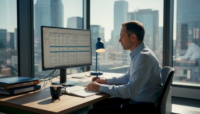 Un homme en pleine activité professionnelle devant son ordinateur, installé à son bureau.