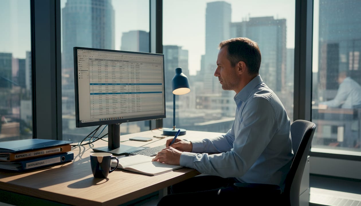 Un homme en pleine activité professionnelle devant son ordinateur, installé à son bureau.