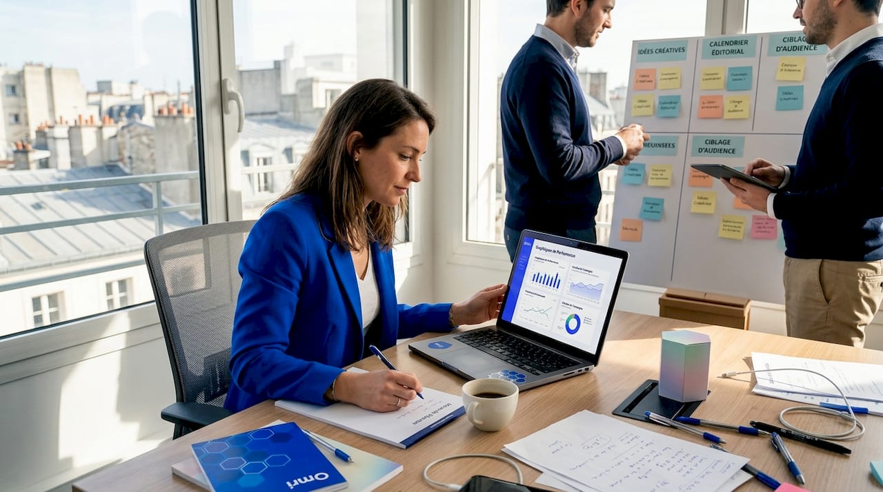 Une équipe analyse et optimise ses processus marketing grâce à des outils d’intelligence artificielle.