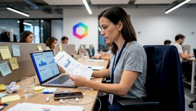 Un responsable marketing analyse les performances de sa campagne d’intelligence artificielle installé à son bureau.