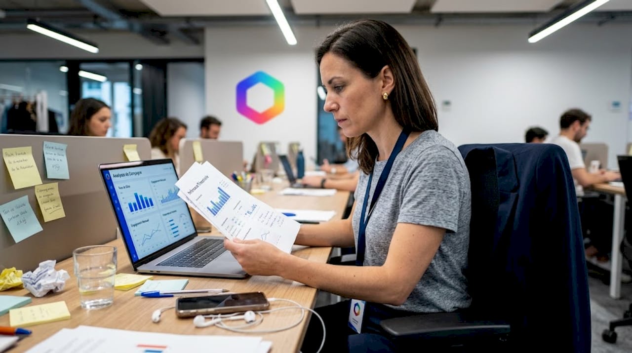 Un responsable marketing analyse les performances de sa campagne d’intelligence artificielle installé à son bureau.