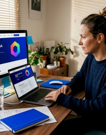 Une femme d'affaires consulte un lexique sur l'intelligence artificielle depuis son bureau à la maison.