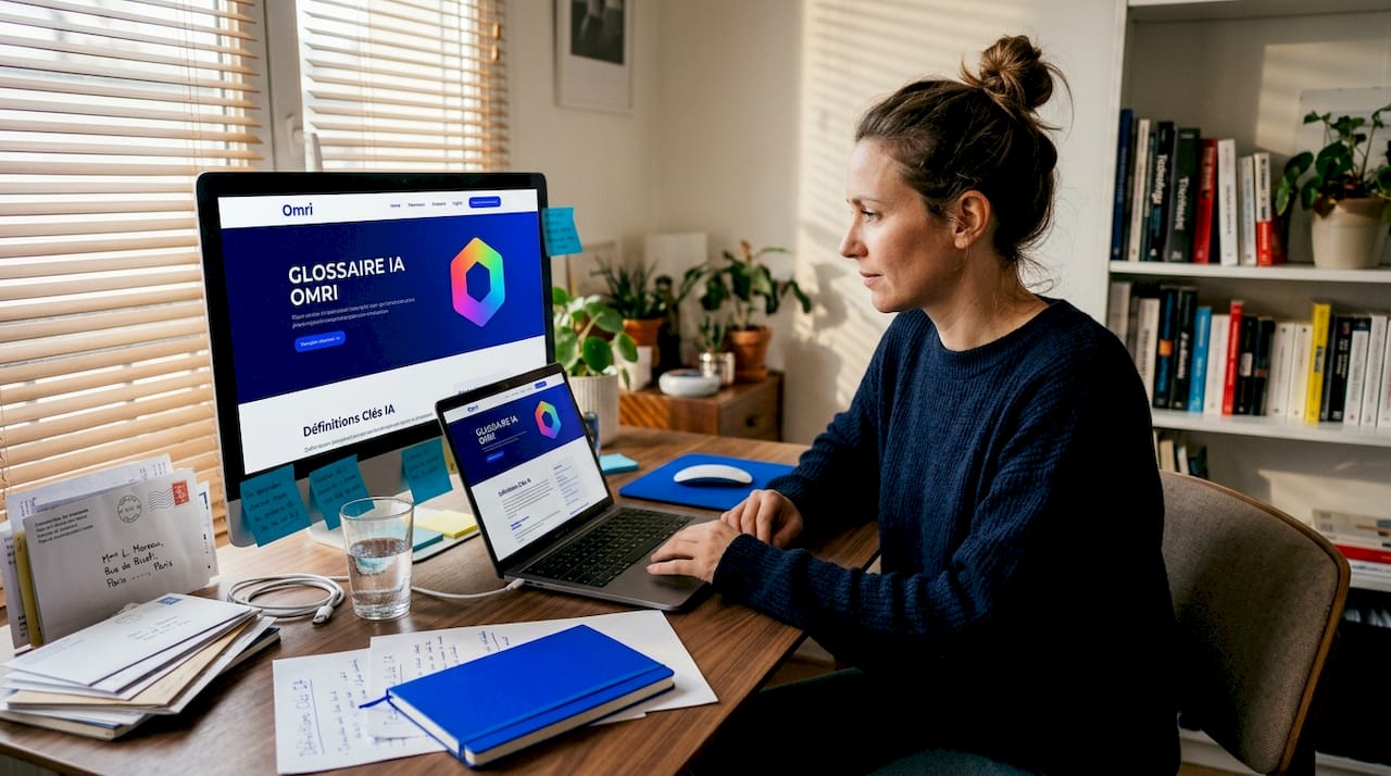 Une femme d'affaires consulte un lexique sur l'intelligence artificielle depuis son bureau à la maison.