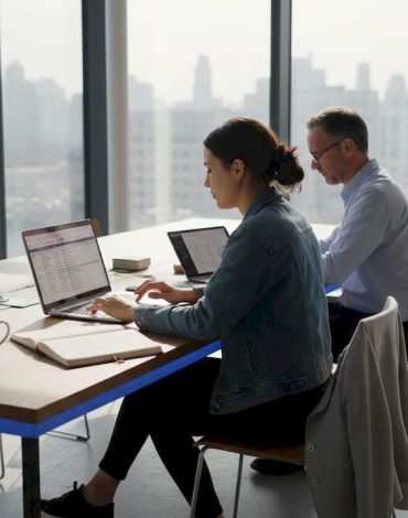 Un étudiant et son responsable travaillent ensemble sur un projet d’intelligence artificielle au sein de l’entreprise.