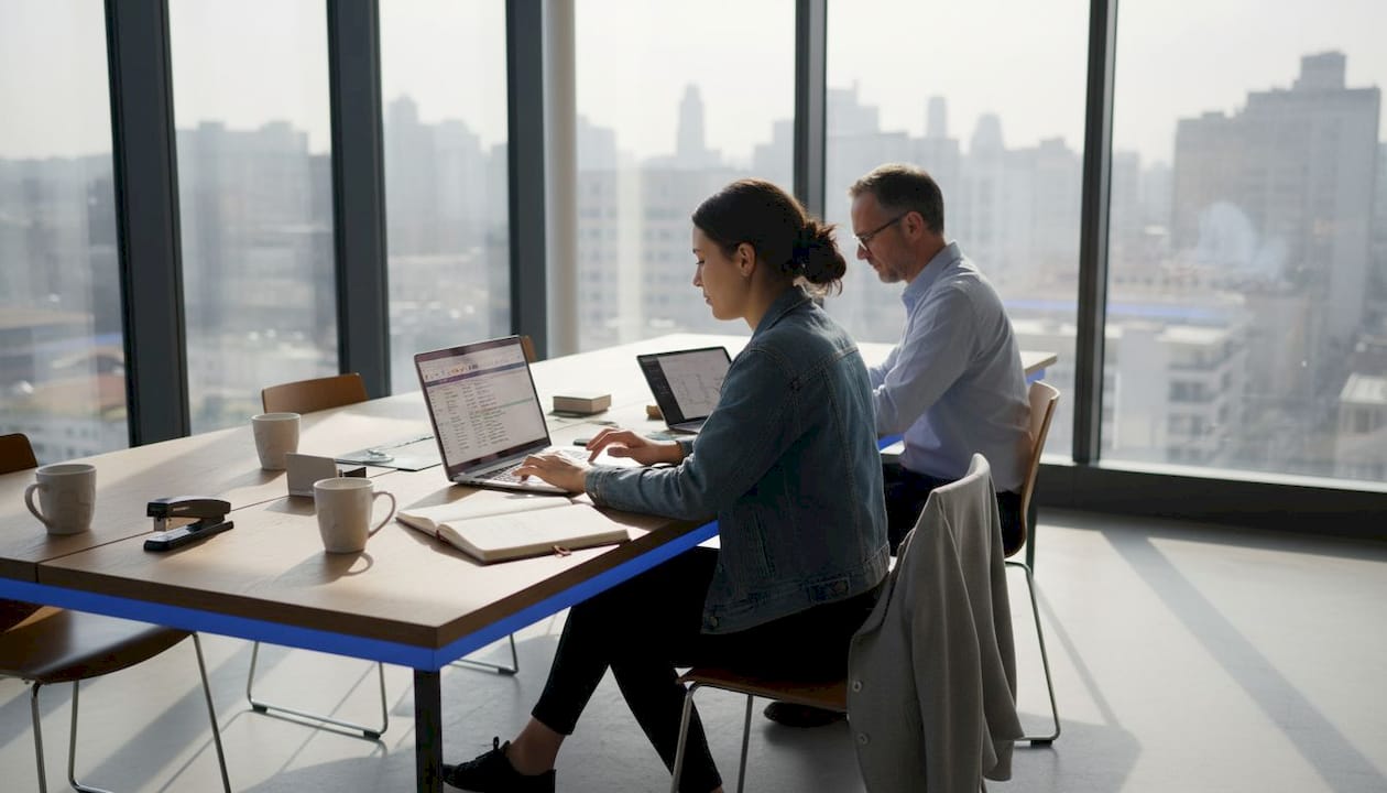 Un étudiant et son responsable travaillent ensemble sur un projet d’intelligence artificielle au sein de l’entreprise.