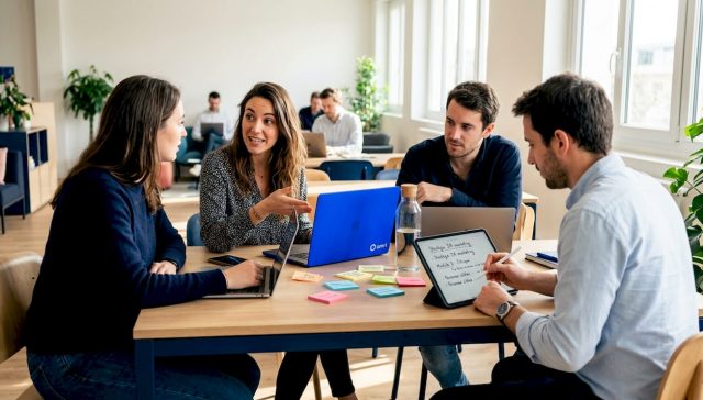 L’équipe marketing échange autour de la formation à l’intelligence artificielle dans un bureau lumineux.