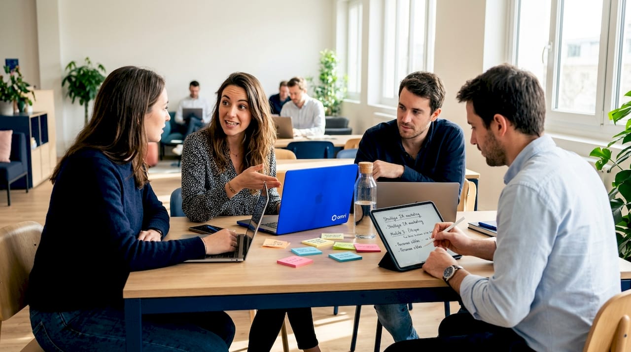 L’équipe marketing échange autour de la formation à l’intelligence artificielle dans un bureau lumineux.