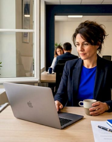 Une cheffe d’entreprise de PME concentrée sur son travail devant son ordinateur, installée dans son bureau.