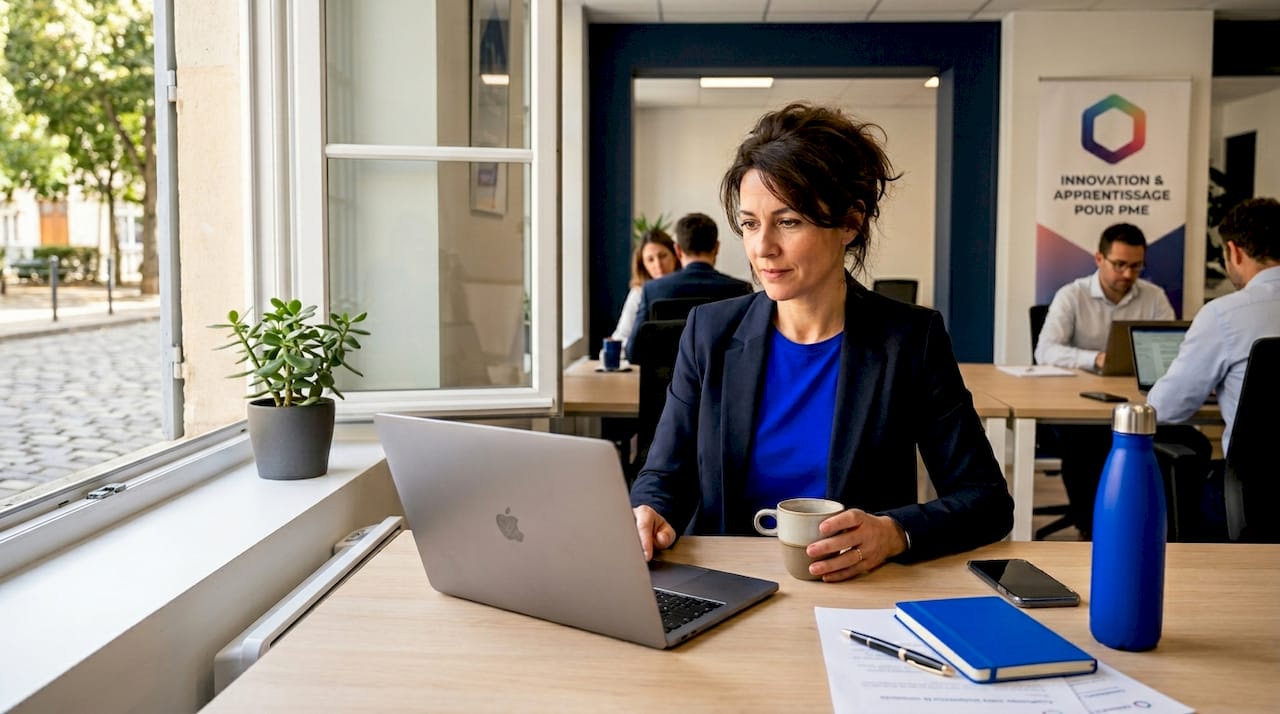 Une cheffe d’entreprise de PME concentrée sur son travail devant son ordinateur, installée dans son bureau.