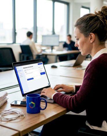 Un responsable marketing exploite un outil d’intelligence artificielle à son bureau dans un espace de travail ouvert.